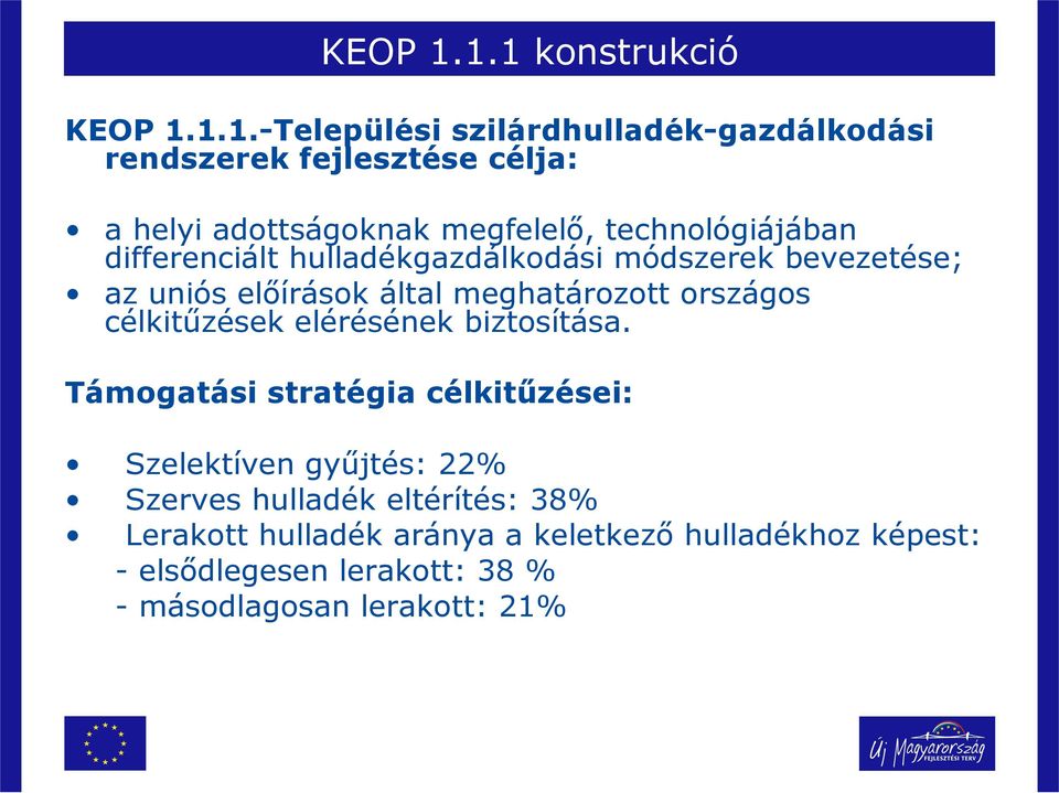 technológiájában differenciált hulladékgazdálkodási módszerek bevezetése; az uniós előírások által meghatározott