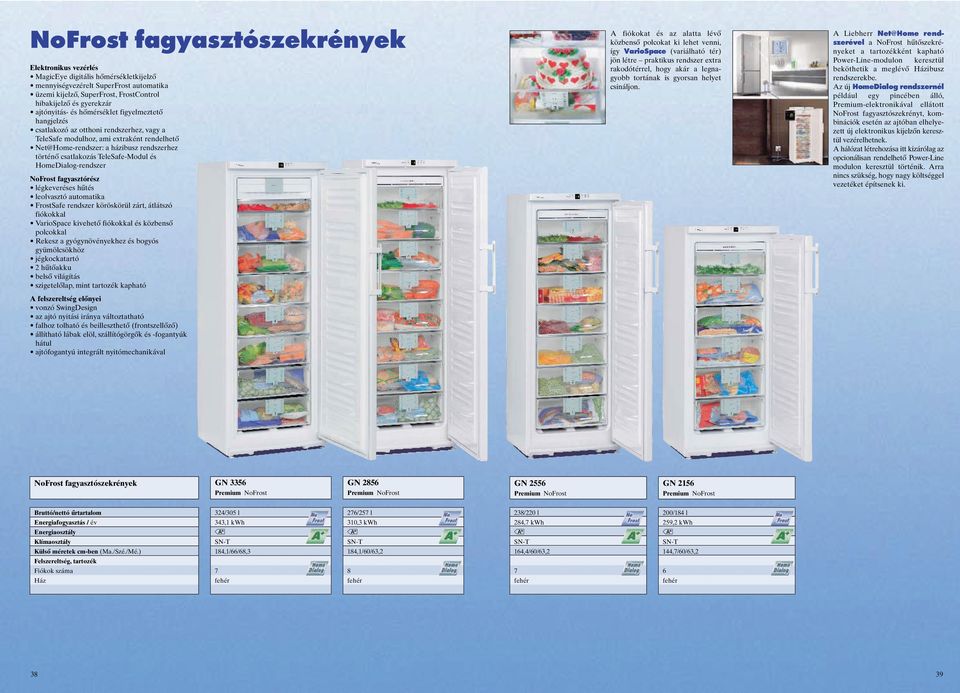 HoeDialog-rendszer NoFrost fagyasztórész légkeveréses hűtés leolvasztó autoatika FrostSafe rendszer köröskörül zárt, átlátszó fiókokkal VarioSpace kivehető fiókokkal és közbenső polcokkal Rekesz a