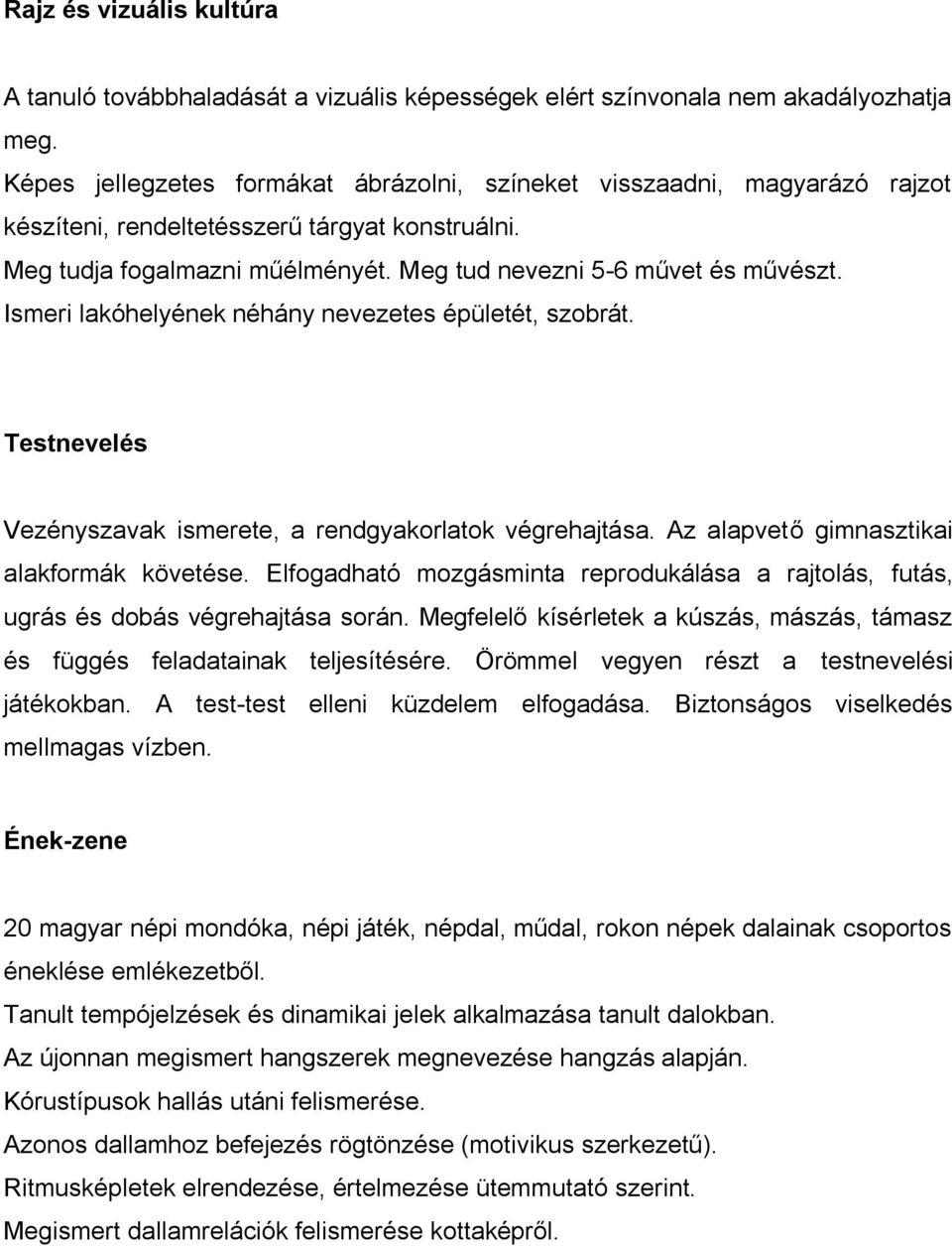 Ismeri lakóhelyének néhány nevezetes épületét, szobrát. Testnevelés Vezényszavak ismerete, a rendgyakorlatok végrehajtása. Az alapvető gimnasztikai alakformák követése.