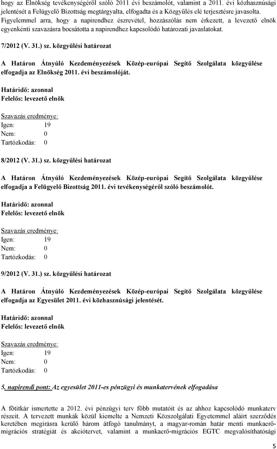 közgyűlési határozat elfogadja az Elnökség 2011. évi beszámolóját. Felelős: levezető elnök 8/2012 (V. 31.) sz. közgyűlési határozat elfogadja a Felügyelő Bizottság 2011.