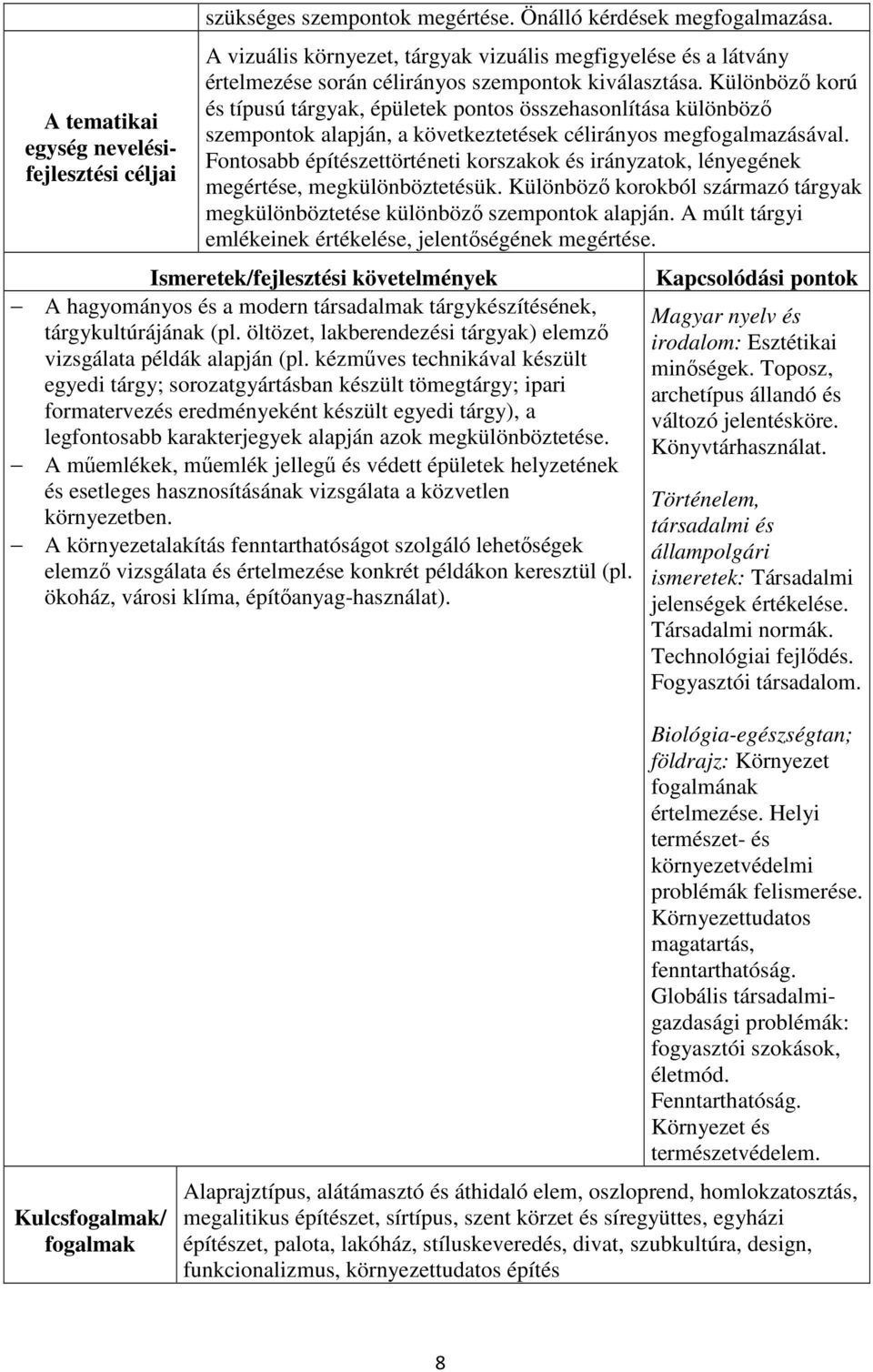 Különböző korú és típusú tárgyak, épületek pontos összehasonlítása különböző szempontok alapján, a következtetések célirányos megfogalmazásával.