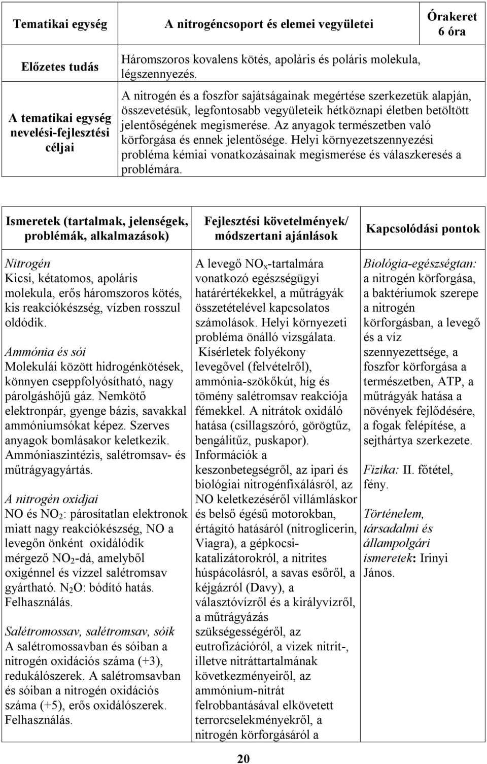 Az anyagok természetben való körforgása és ennek jelentősége. Helyi környezetszennyezési probléma kémiai vonatkozásainak megismerése és válaszkeresés a problémára.