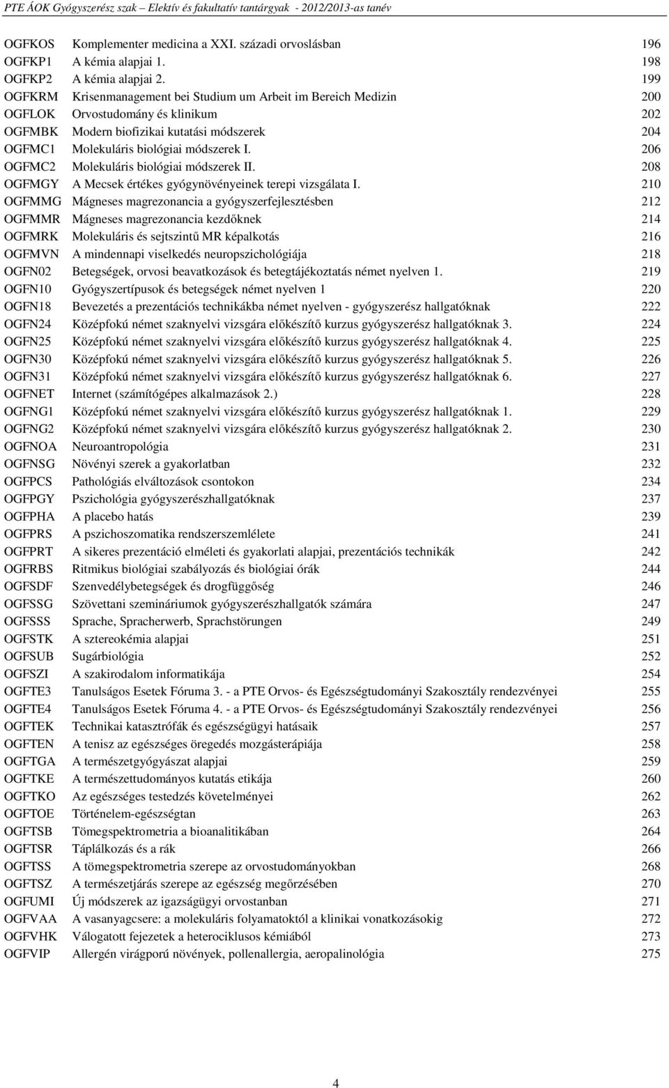 206 OGFMC2 Molekuláris biológiai módszerek II. 208 OGFMGY A Mecsek értékes gyógynövényeinek terepi vizsgálata I.