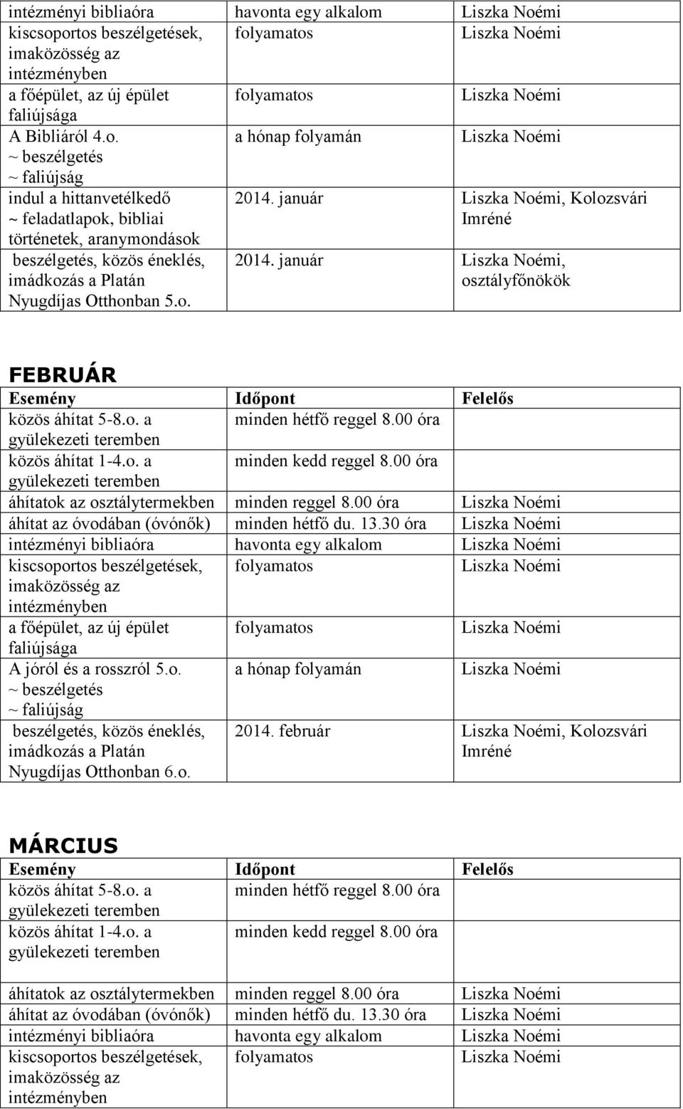 30 óra intézményi bibliaóra havonta egy alkalom kiscsoportos beszélgetések, A jóról és a rosszról 5.o. Nyugdíjas Otthonban 6.o. 2014. február, Kolozsvári MÁRCIUS közös áhítat 1-4.