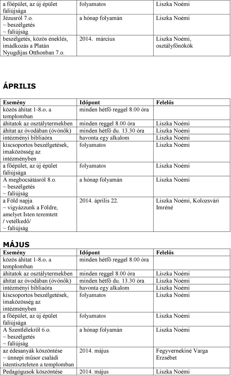 április 22., Kolozsvári MÁJUS áhítatok az osztálytermekben minden reggel 8.00 óra áhítat az óvodában (óvónők) minden hétfő du. 13.