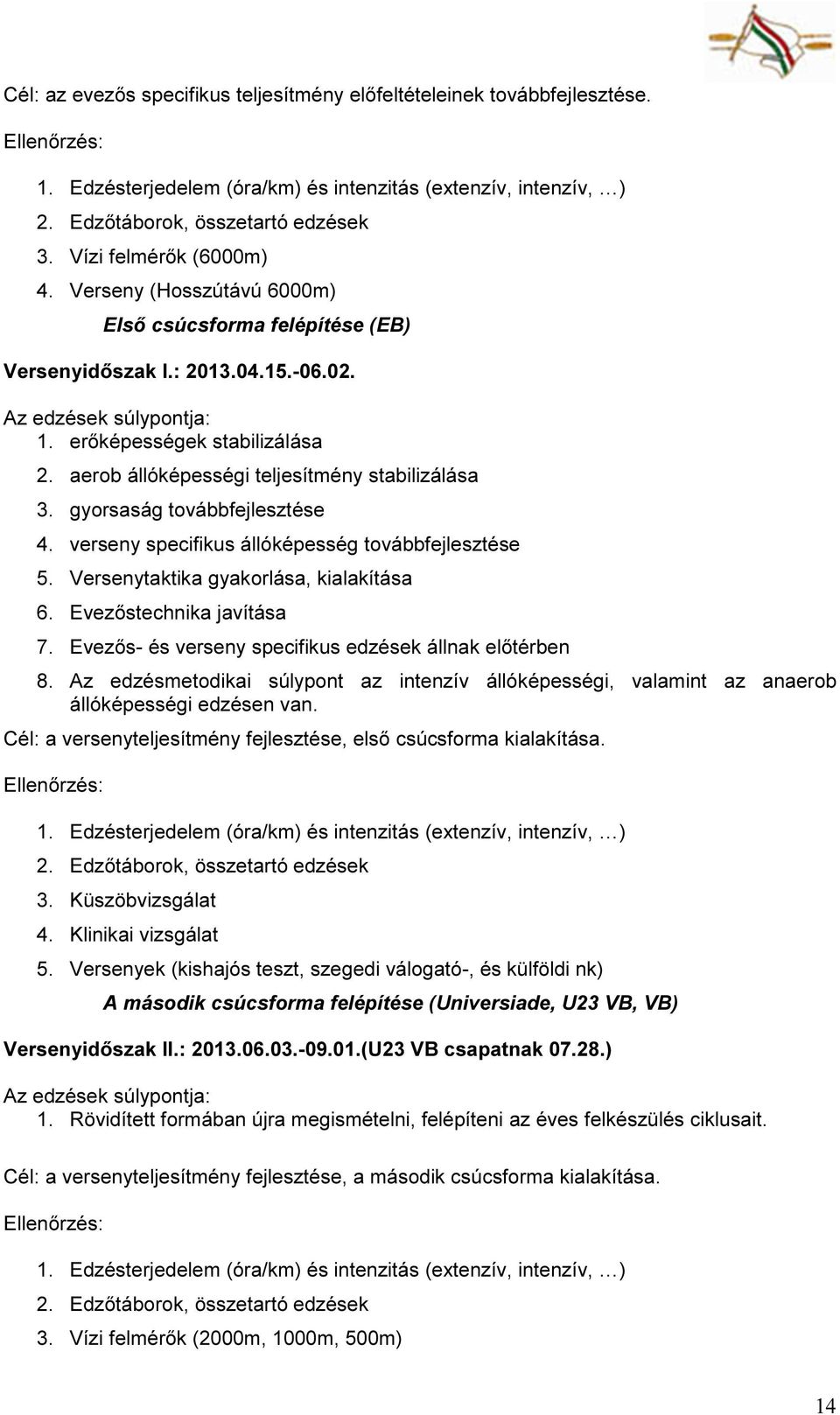 aerob állóképességi teljesítmény stabilizálása 3. gyorsaság továbbfejlesztése 4. verseny specifikus állóképesség továbbfejlesztése 5. Versenytaktika gyakorlása, kialakítása 6.