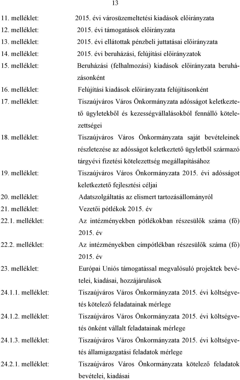 melléklet: Felújítási kiadások előirányzata felújításonként 17. melléklet: Tiszaújváros Város Önkormányzata adósságot keletkeztető ügyletekből és kezességvállalásokból fennálló kötelezettségei 18.