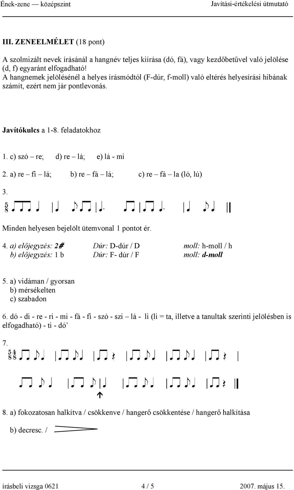 a) re fi lá; b) re fá lá; c) re fá la (ló, lú) 3. Minden helyesen bejelölt ütemvonal 1 pontot ér. 4.