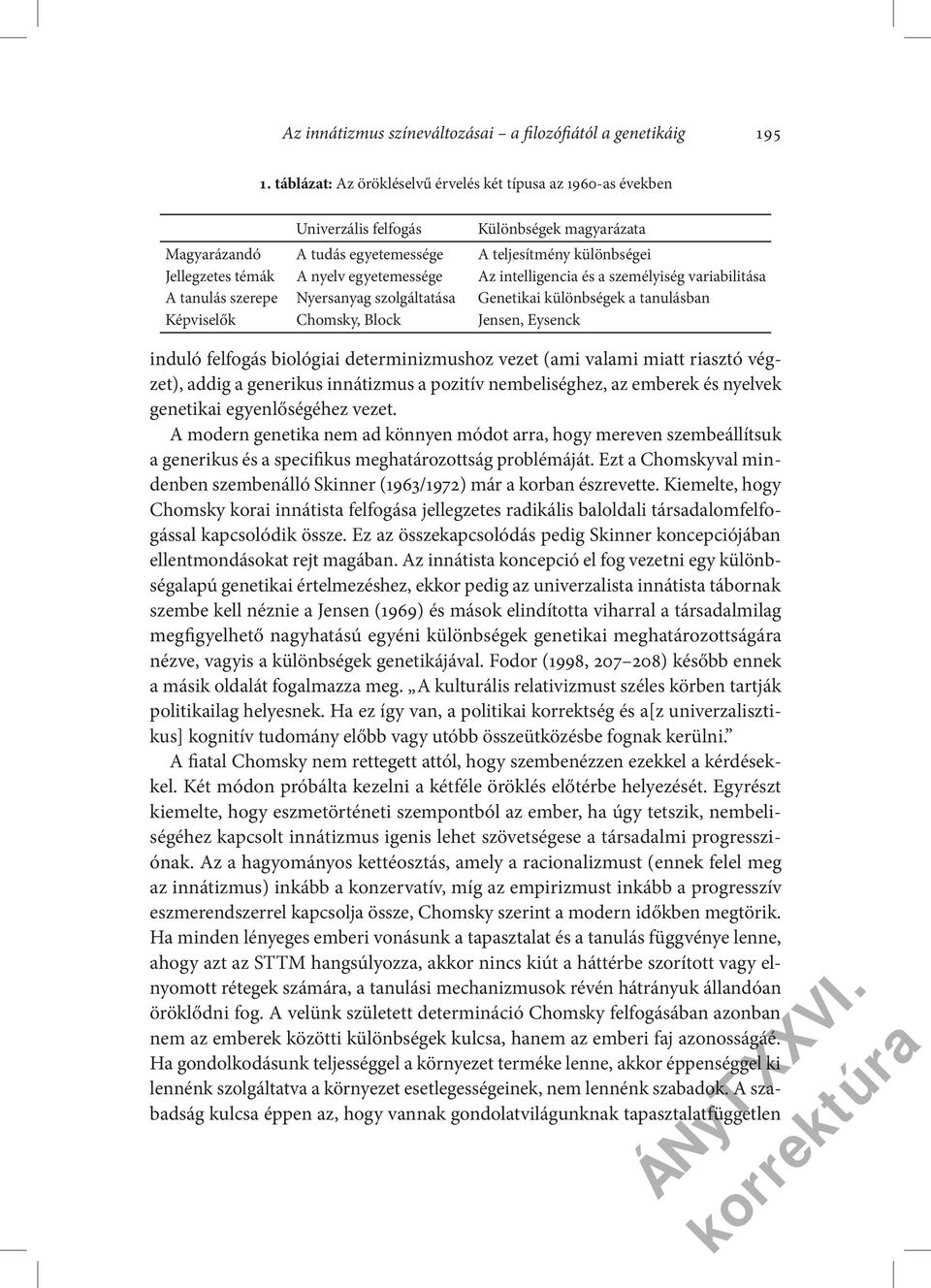 egyetemessége Az intelligencia és a személyiség variabilitása A tanulás szerepe Nyersanyag szolgáltatása Genetikai különbségek a tanulásban Képviselők Chomsky, Block Jensen, Eysenck induló felfogás