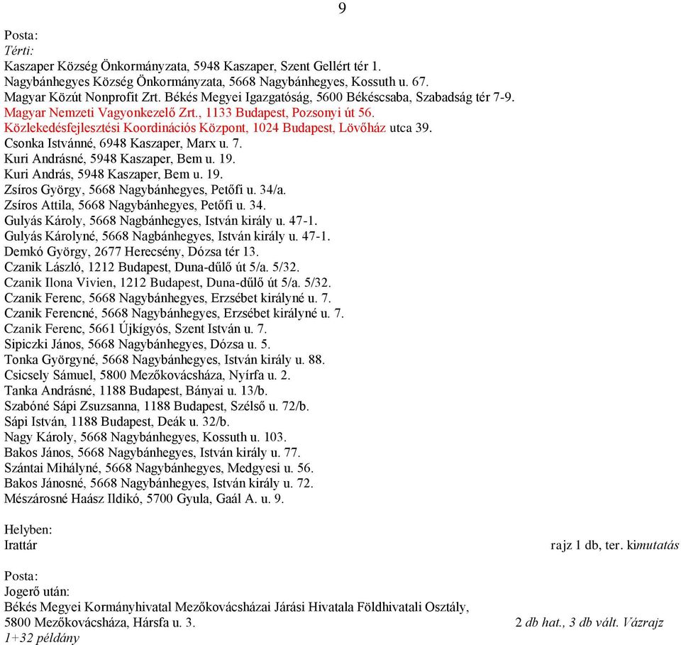 Közlekedésfejlesztési Koordinációs Központ, 1024 Budapest, Lövőház utca 39. Csonka Istvánné, 6948 Kaszaper, Marx u. 7. Kuri Andrásné, 5948 Kaszaper, Bem u. 19.