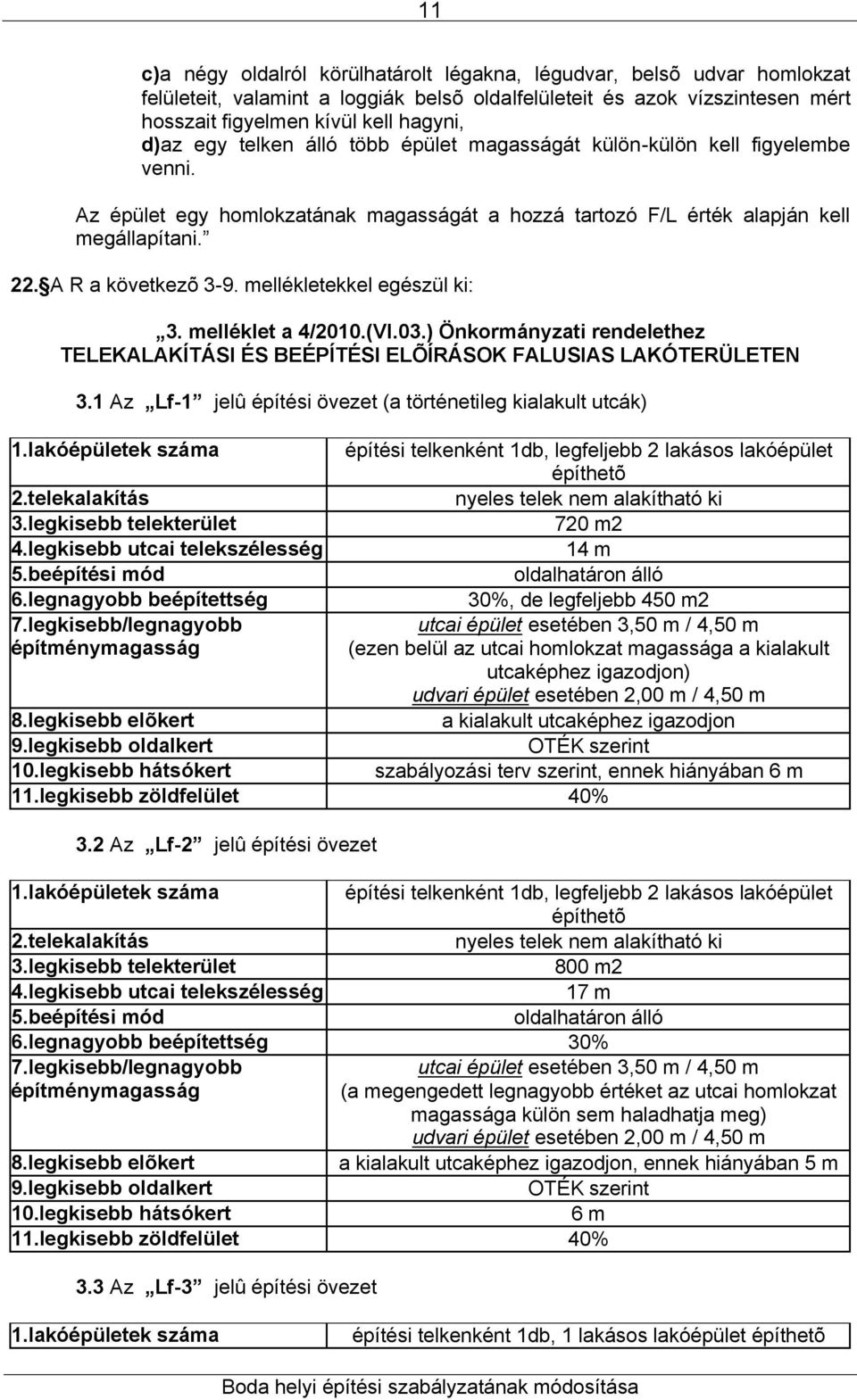 mellékletekkel egészül ki: 3. melléklet a 4/2010.(Vl.03.) Önkormányzati rendelethez TELEKALAKÍTÁSI ÉS BEÉPÍTÉSI ELÕÍRÁSOK FALUSIAS LAKÓTERÜLETEN 3.
