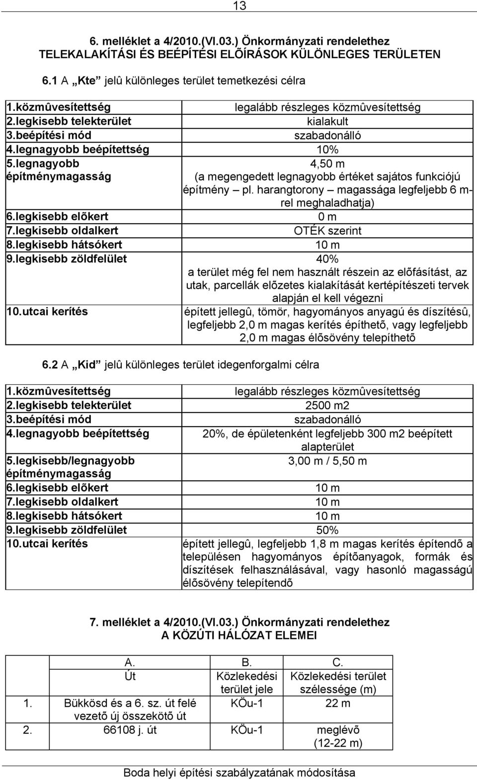 legnagyobb 4,50 m (a megengedett legnagyobb értéket sajátos funkciójú építmény pl. harangtorony magassága legfeljebb 6 m- rel meghaladhatja) 6.legkisebb elõkert 0 m 7.