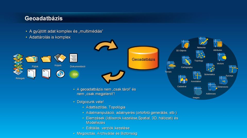 megjelenít! Dolgozunk vele! Adattisztítás, Topológia Adatmanipuláció, adatnyerés (ortofotó generálás, stb.