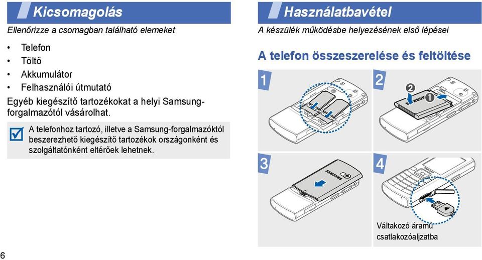 A telefonhoz tartozó, illetve a Samsung-forgalmazóktól beszerezhető kiegészítő tartozékok országonként és