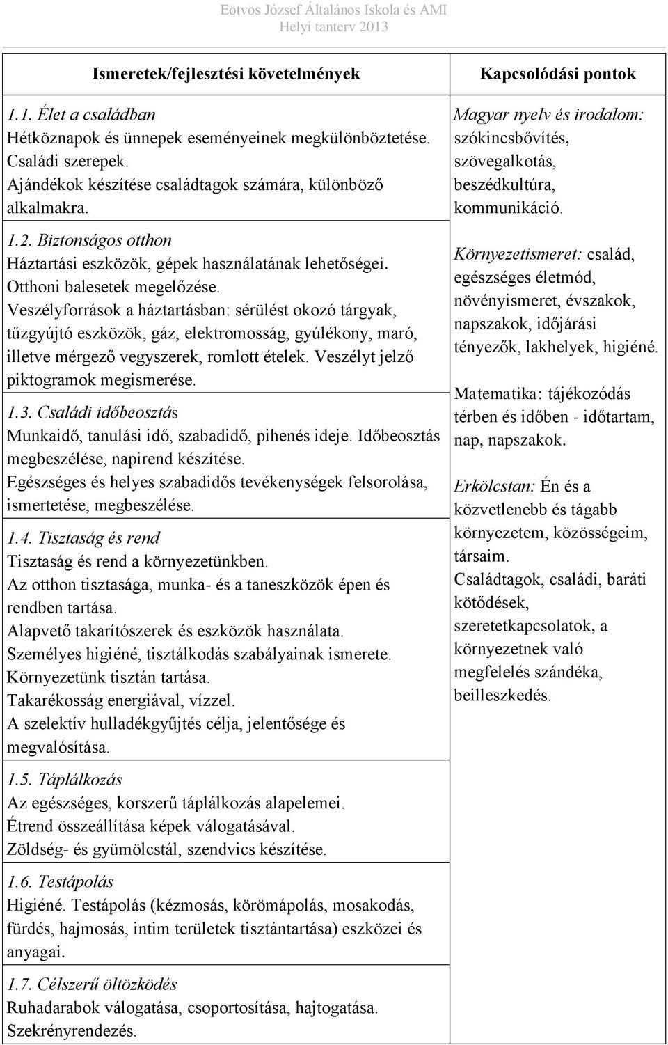 Veszélyforrások a háztartásban: sérülést okozó tárgyak, tűzgyújtó eszközök, gáz, elektromosság, gyúlékony, maró, illetve mérgező vegyszerek, romlott ételek. Veszélyt jelző piktogramok megismerése. 1.