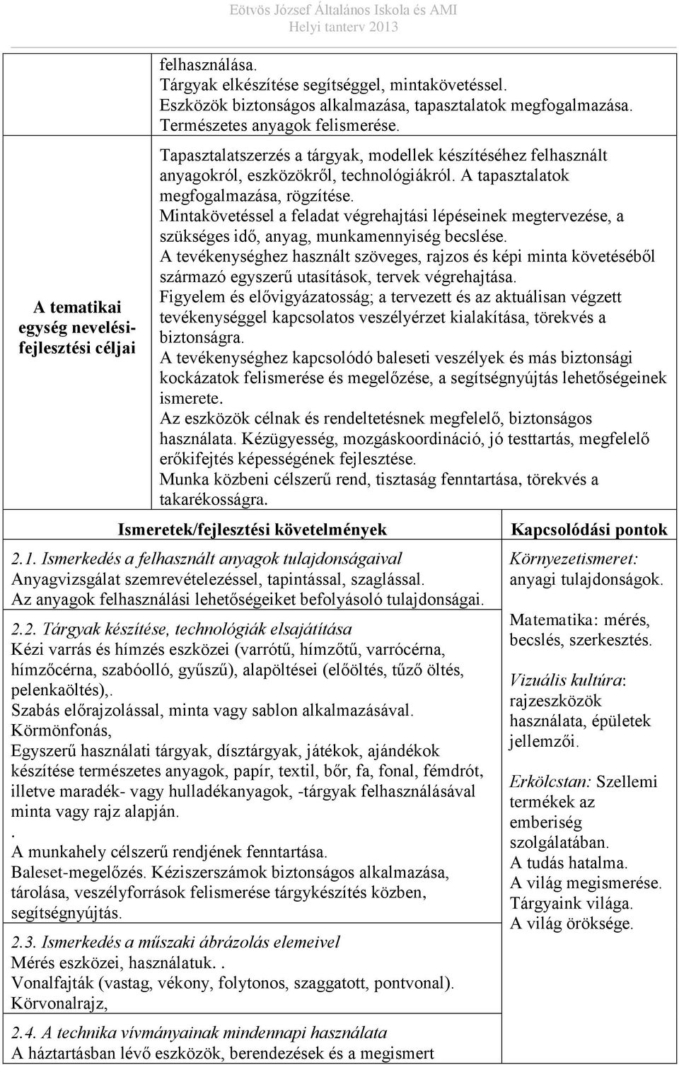 Tapasztalatszerzés a tárgyak, modellek készítéséhez felhasznált anyagokról, eszközökről, technológiákról. A tapasztalatok megfogalmazása, rögzítése.