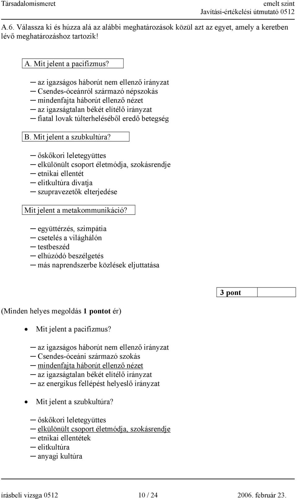 Mit jelent a szubkultúra? őskőkori leletegyüttes elkülönült csoport életmódja, szokásrendje etnikai ellentét elitkultúra divatja szupravezetők elterjedése Mit jelent a metakommunikáció?