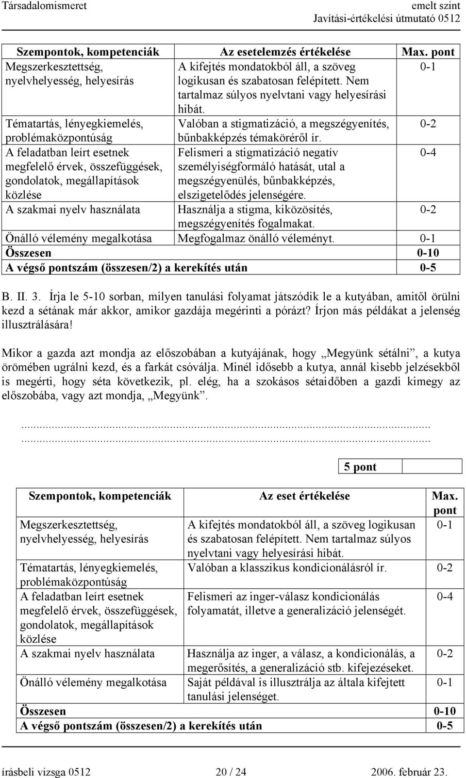 Tématartás, lényegkiemelés, Valóban a stigmatizáció, a megszégyenítés, problémaközpontúság A feladatban leírt esetnek megfelelő érvek, összefüggések, gondolatok, megállapítások közlése B. II. 3.