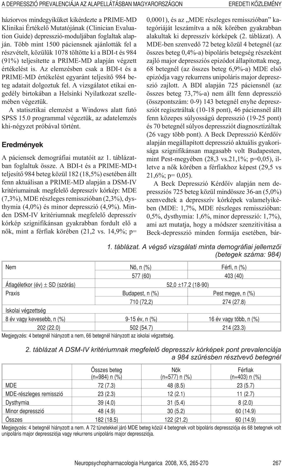Az elemzésben csak a BDI-t és a PRIME-MD értékelést egyaránt teljesítõ 984 beteg adatait dolgoztuk fel. A vizsgálatot etikai engedély birtokában a Helsinki Nyilatkozat szellemében végeztük.