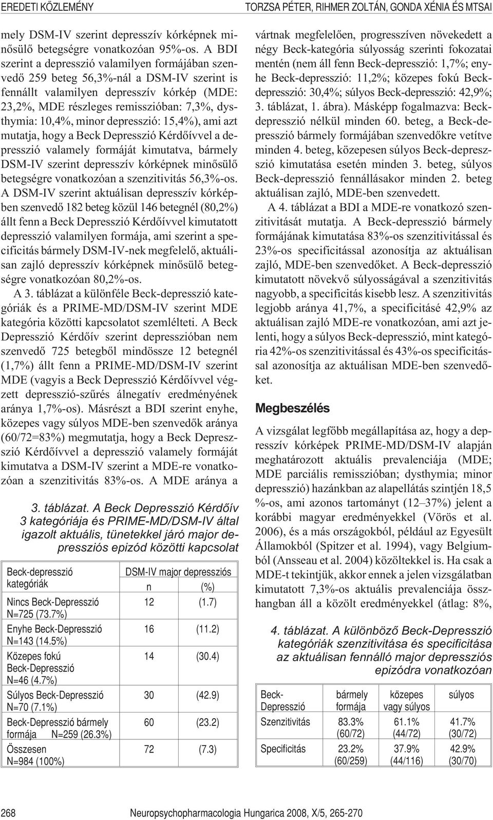 10,4%, minor depresszió: 15,4%), ami azt mutatja, hogy a Beck Depresszió Kérdõívvel a depresszió valamely formáját kimutatva, bármely DSM-IV szerint depresszív kórképnek minõsülõ betegségre