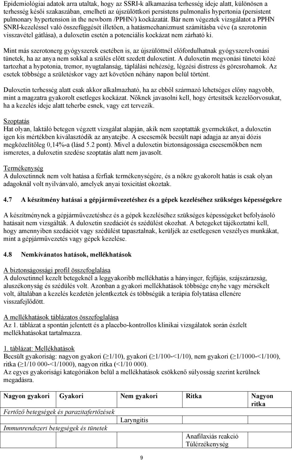 Bár nem végeztek vizsgálatot a PPHN SNRI-kezeléssel való összefüggését illetően, a hatásmechanizmust számításba véve (a szerotonin visszavétel gátlása), a duloxetin esetén a potenciális kockázat nem