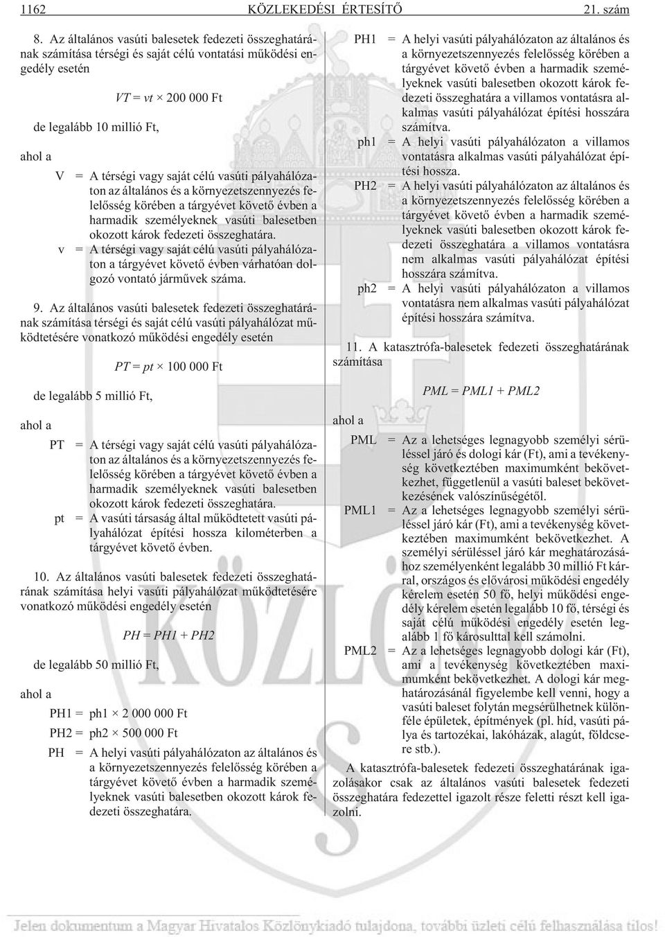 saját célú vasúti pályahálózaton az általános és a környezetszennyezés felelõsség körében a tárgyévet követõ évben a harmadik személyeknek vasúti balesetben okozott károk fedezeti összeghatára.