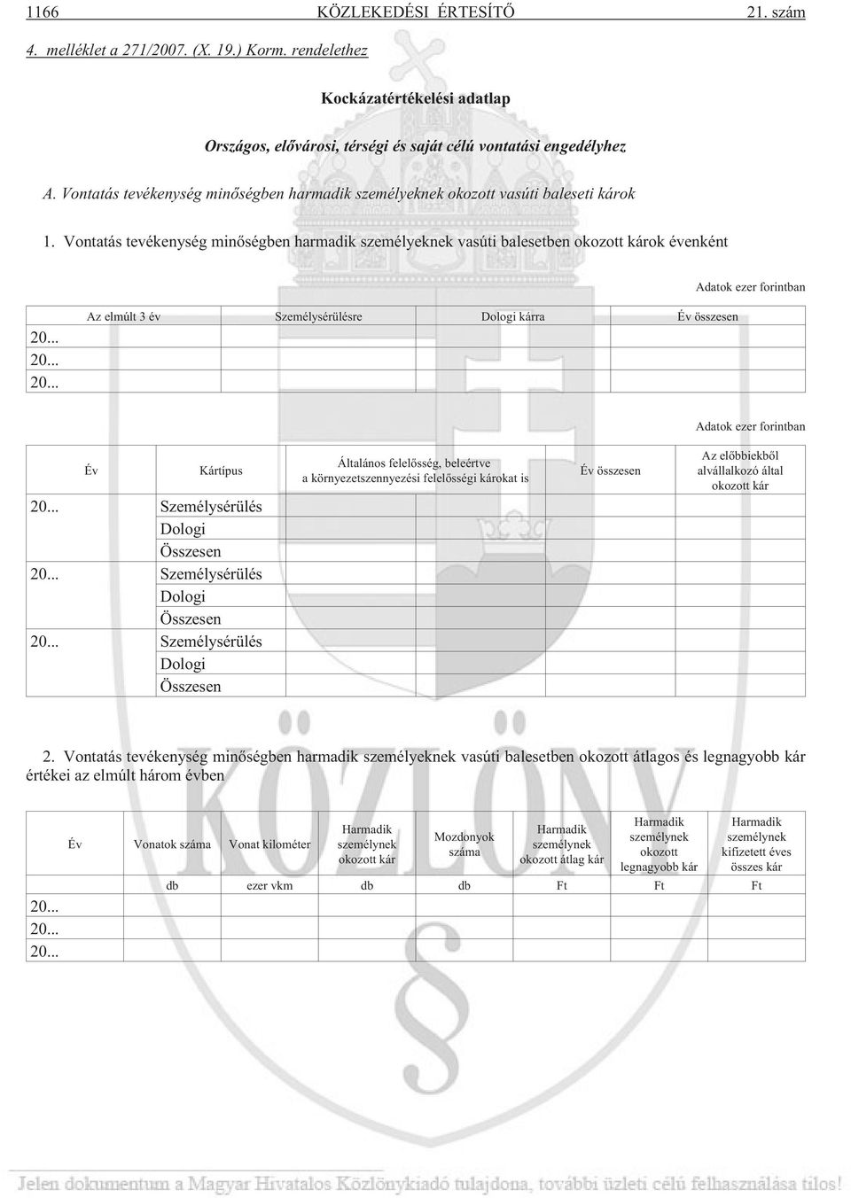 Vontatás tevékenység minõségben harmadik személyeknek vasúti balesetben okozott károk évenként Adatok ezer forintban Az elmúlt 3 év Személysérülésre Dologi kárra Év összesen Adatok ezer forintban Év