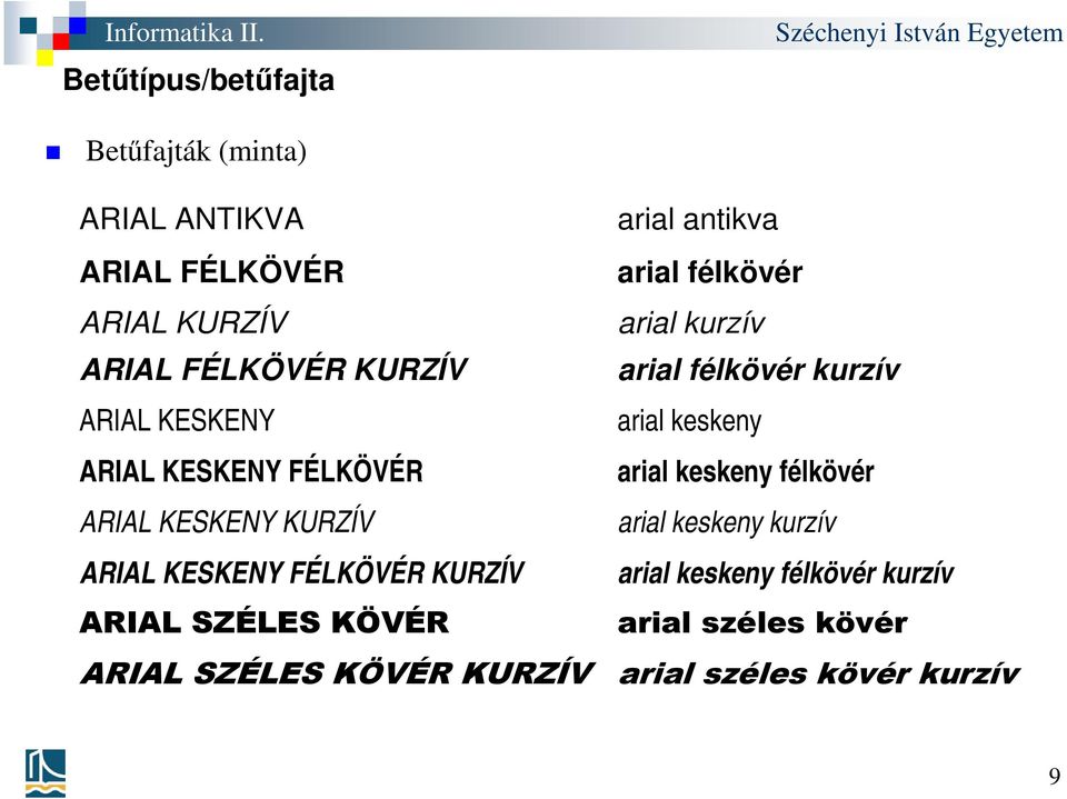 SZÉLES KÖVÉR KURZÍV arial antikva arial félkövér arial kurzív arial félkövér kurzív arial keskeny arial