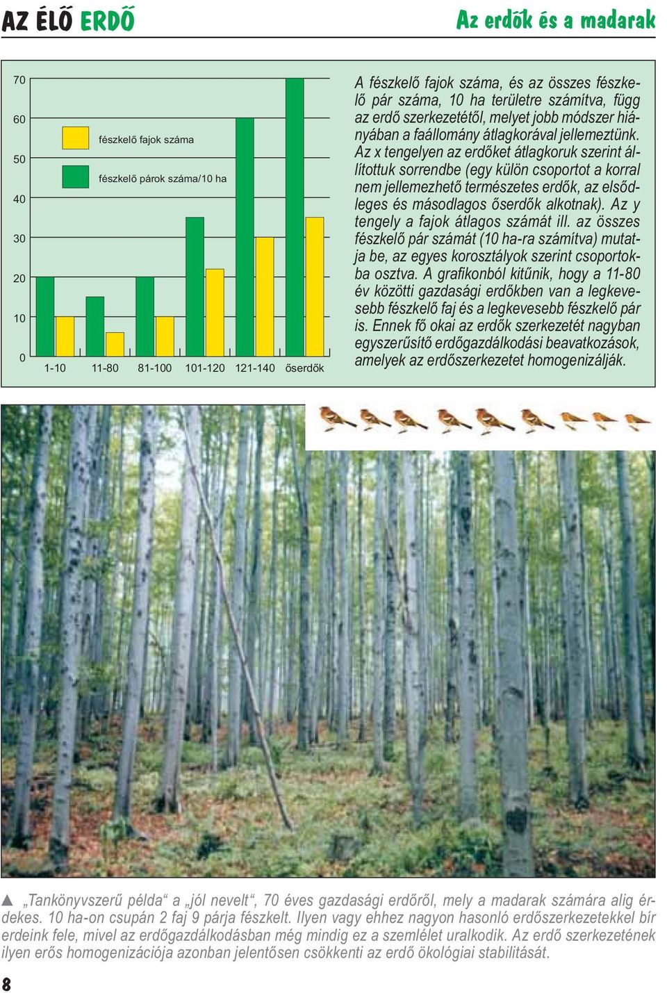 Az x tengelyen az erdőket átlagkoruk szerint állítottuk sorrendbe (egy külön csoportot a korral nem jellemezhető természetes erdők, az elsődleges és másodlagos őserdők alkotnak).