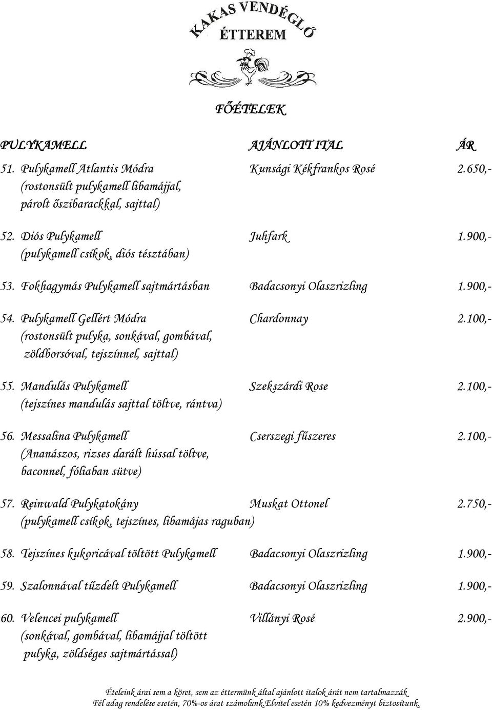 100,- (rostonsült pulyka, sonkával, gombával, zöldborsóval, tejszínnel, sajttal) 55. Mandulás Pulykamell Szekszárdi Rose 2.100,- (tejszínes mandulás sajttal töltve, rántva) 56.