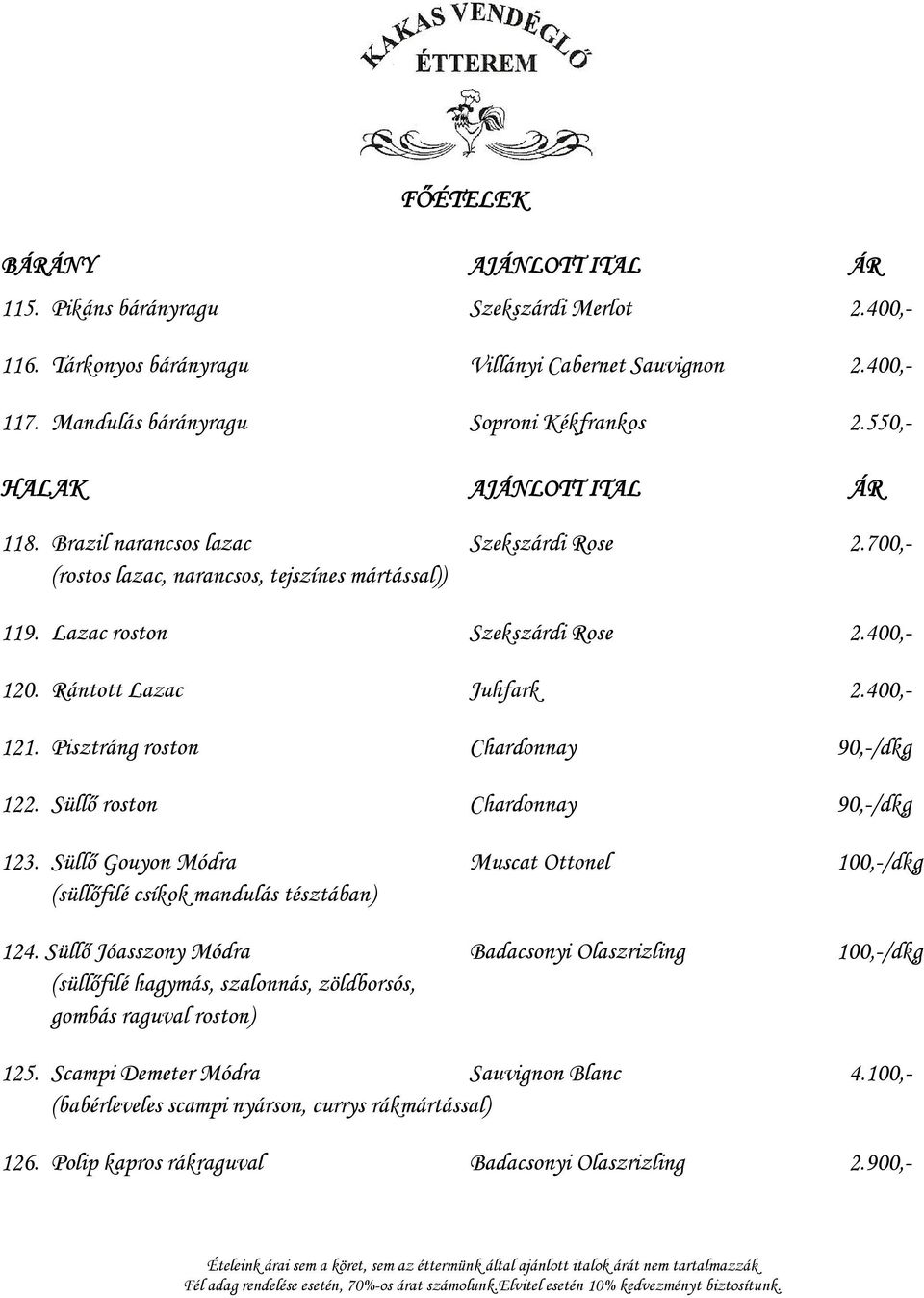 400,- 121. Pisztráng roston Chardonnay 90,-/dkg 122. Süllő roston Chardonnay 90,-/dkg 123. Süllő Gouyon Módra Muscat Ottonel 100,-/dkg (süllőfilé csíkok mandulás tésztában) 124.