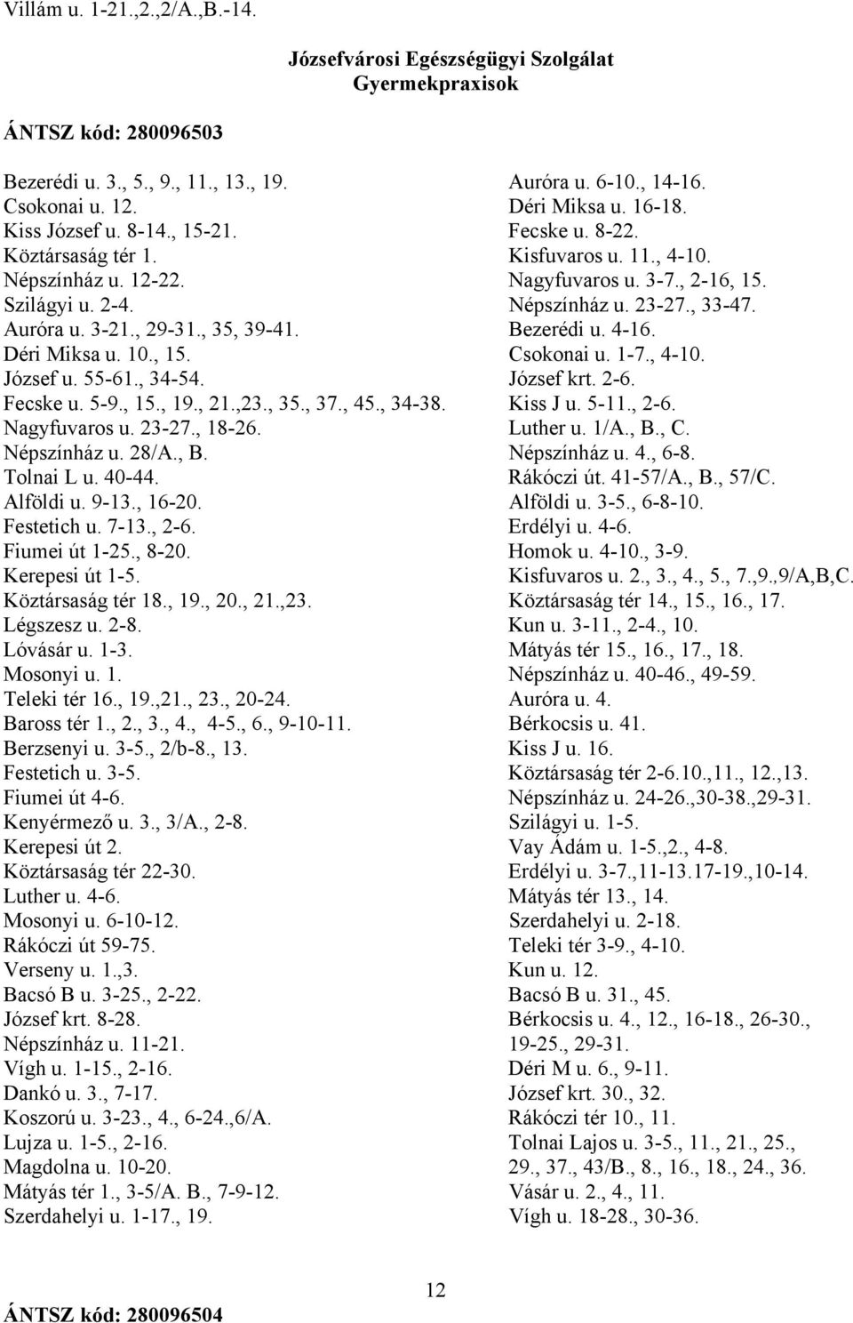 Auróra u. 3-21., 29-31., 35, 39-41. Bezerédi u. 4-16. Déri Miksa u. 10., 15. Csokonai u. 1-7., 4-10. József u. 55-61., 34-54. József krt. 2-6. Fecske u. 5-9., 15., 19., 21.,23., 35., 37., 45., 34-38.