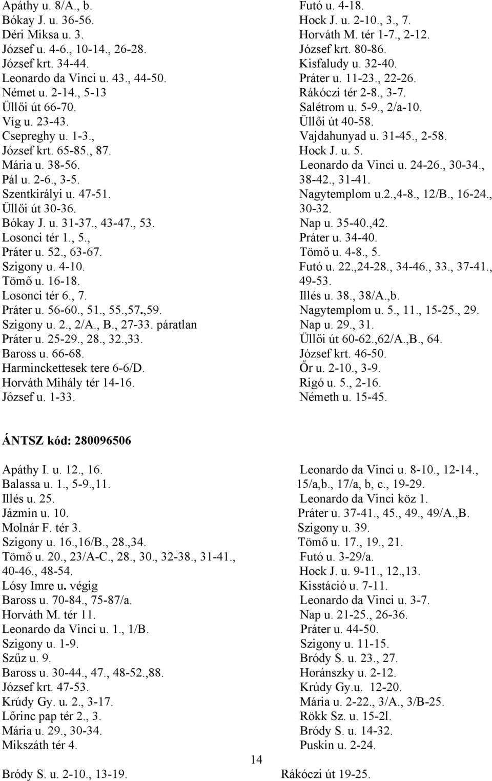 Csepreghy u. 1-3., Vajdahunyad u. 31-45., 2-58. József krt. 65-85., 87. Hock J. u. 5. Mária u. 38-56. Leonardo da Vinci u. 24-26., 30-34., Pál u. 2-6., 3-5. 38-42., 31-41. Szentkirályi u. 47-51.