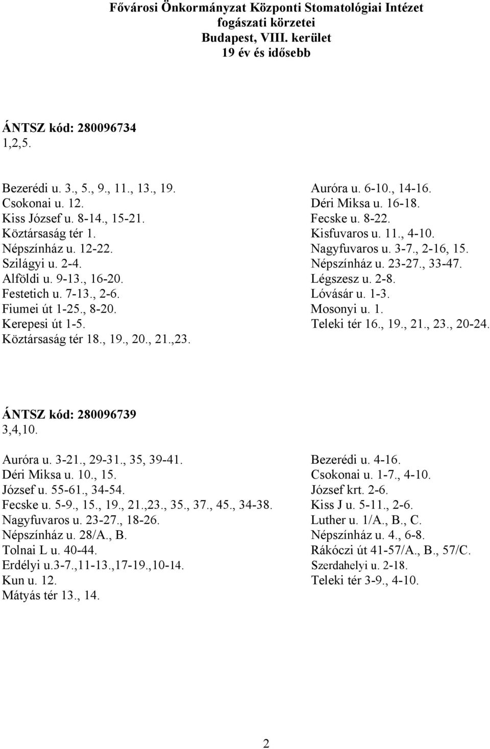 2-4. Népszínház u. 23-27., 33-47. Alföldi u. 9-13., 16-20. Légszesz u. 2-8. Festetich u. 7-13., 2-6. Lóvásár u. 1-3. Fiumei út 1-25., 8-20. Mosonyi u. 1. Kerepesi út 1-5. Teleki tér 16., 19., 21., 23.