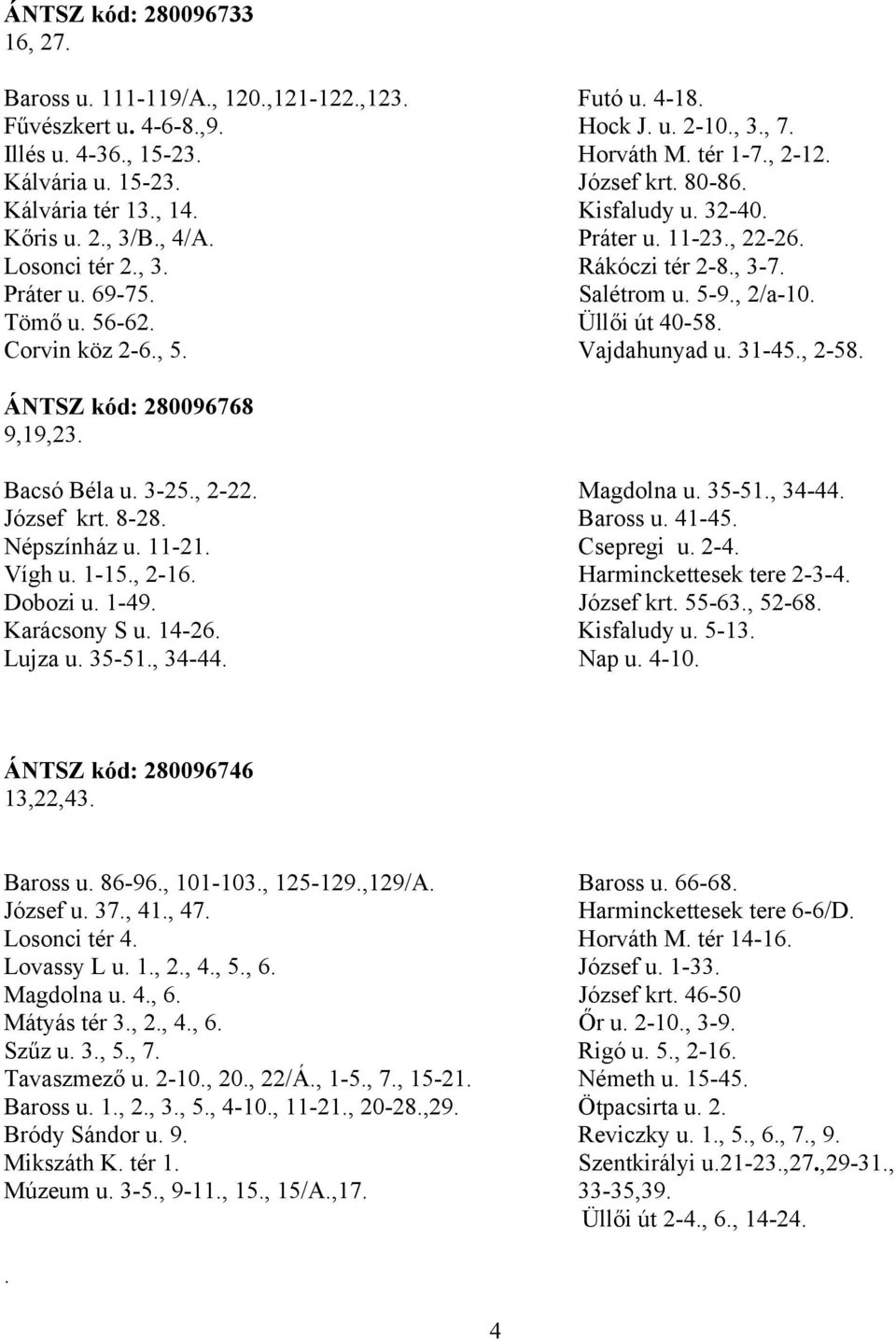 , 2/a-10. Tömő u. 56-62. Üllői út 40-58. Corvin köz 2-6., 5. Vajdahunyad u. 31-45., 2-58. ÁNTSZ kód: 280096768 9,19,23. Bacsó Béla u. 3-25., 2-22. Magdolna u. 35-51., 34-44. József krt. 8-28.