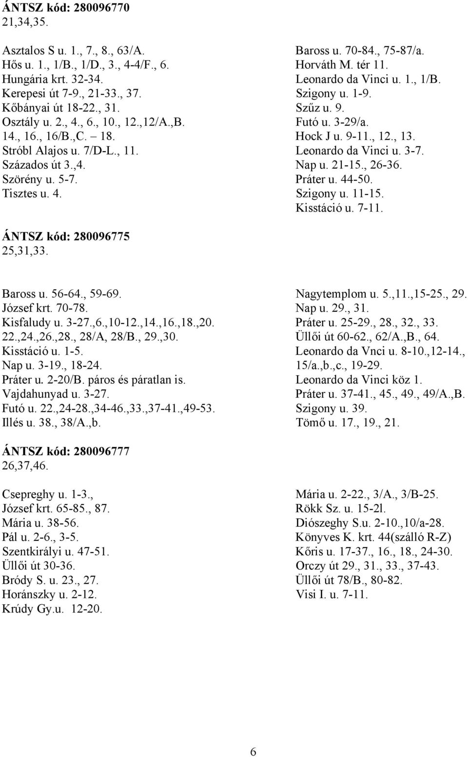Leonardo da Vinci u. 3-7. Százados út 3.,4. Nap u. 21-15., 26-36. Szörény u. 5-7. Práter u. 44-50. Tisztes u. 4. Szigony u. 11-15. Kisstáció u. 7-11. ÁNTSZ kód: 280096775 25,31,33. Baross u. 56-64.