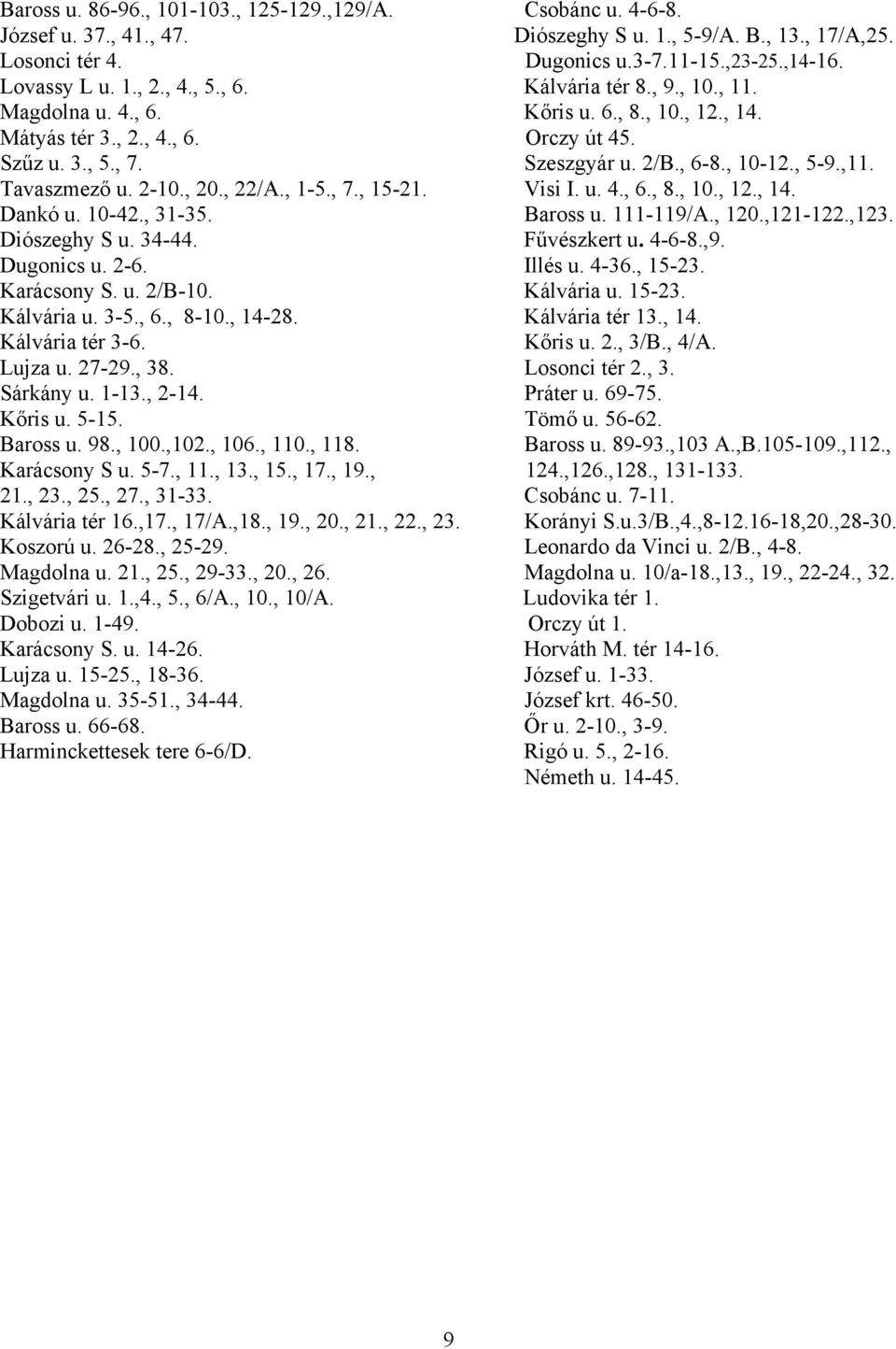 Tavaszmező u. 2-10., 20., 22/A., 1-5., 7., 15-21. Visi I. u. 4., 6., 8., 10., 12., 14. Dankó u. 10-42., 31-35. Baross u. 111-119/A., 120.,121-122.,123. Diószeghy S u. 34-44. Fűvészkert u. 4-6-8.,9.