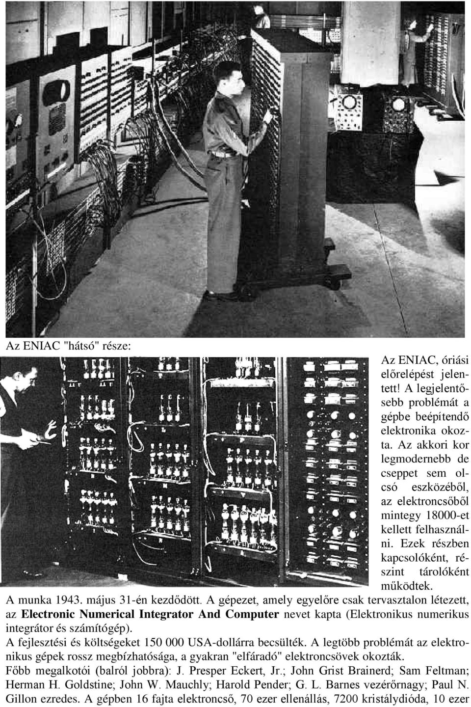 május 31-én kezdődött. A gépezet, amely egyelőre csak tervasztalon létezett, az Electronic Numerical Integrator And Computer nevet kapta (Elektronikus numerikus integrátor és számítógép).