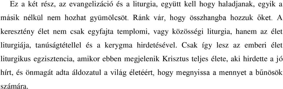 A keresztény élet nem csak egyfajta templomi, vagy közösségi liturgia, hanem az élet liturgiája, tanúságtétellel és a kerygma