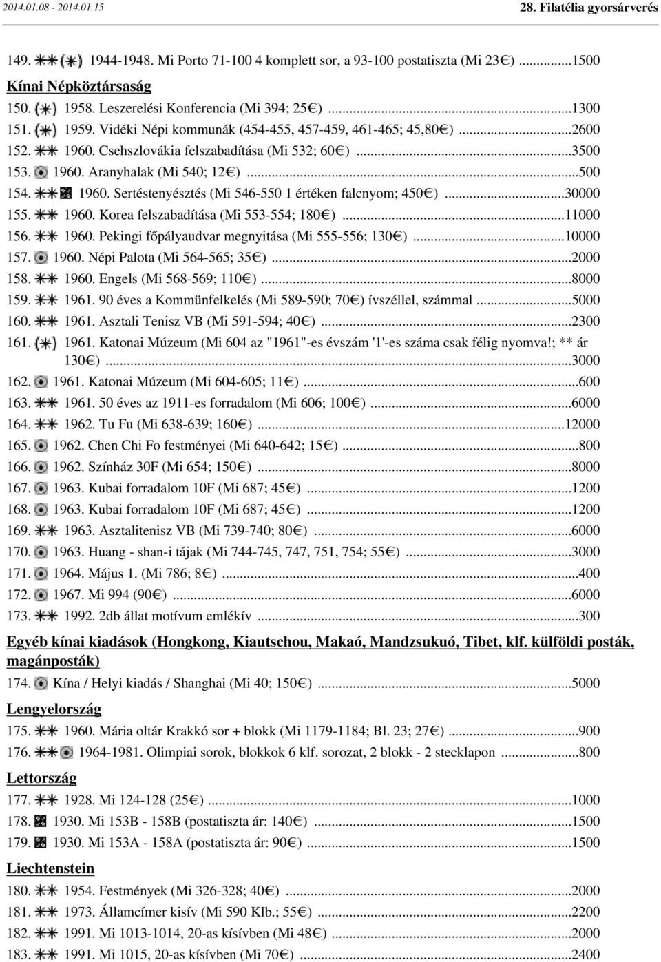 ..30000 155. 1960. Korea felszabadítása (Mi 553-554; 180 )...11000 156. 1960. Pekingi főpályaudvar megnyitása (Mi 555-556; 130 )...10000 157. 1960. Népi Palota (Mi 564-565; 35 )...2000 158. 1960. Engels (Mi 568-569; 110 ).