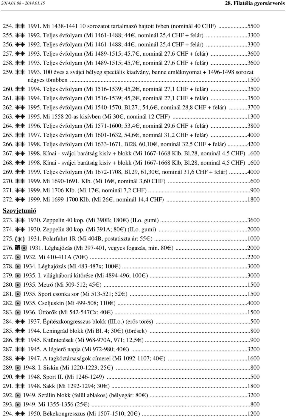 ..1500 260. 1994. Teljes évfolyam (Mi 1516-1539; 45,2, nominál 27,1 CHF + felár)...3500 261. 1994. Teljes évfolyam (Mi 1516-1539; 45,2, nominál 27,1 CHF + felár)...3500 262. 1995.