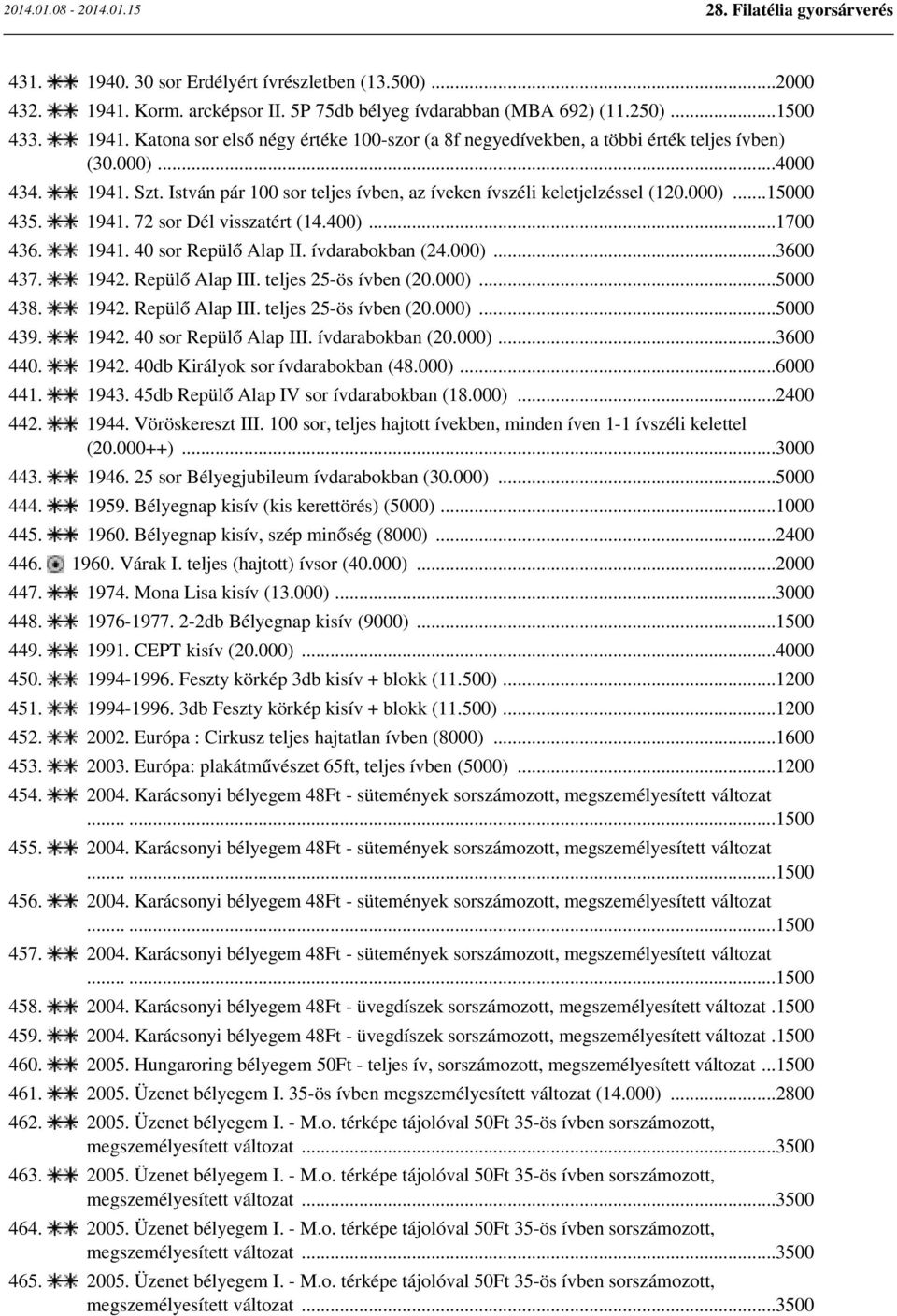 ívdarabokban (24.000)...3600 437. 1942. Repülő Alap III. teljes 25-ös ívben (20.000)...5000 438. 1942. Repülő Alap III. teljes 25-ös ívben (20.000)...5000 439. 1942. 40 sor Repülő Alap III.