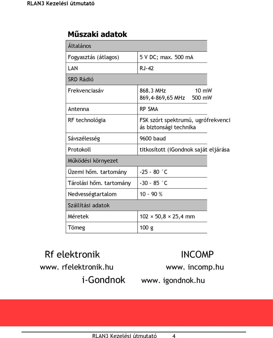 technika 9600 baud titkosított (igondnok saját eljárása Működési környezet Üzemi hőm. tartomány -25 80 C Tárolási hőm.