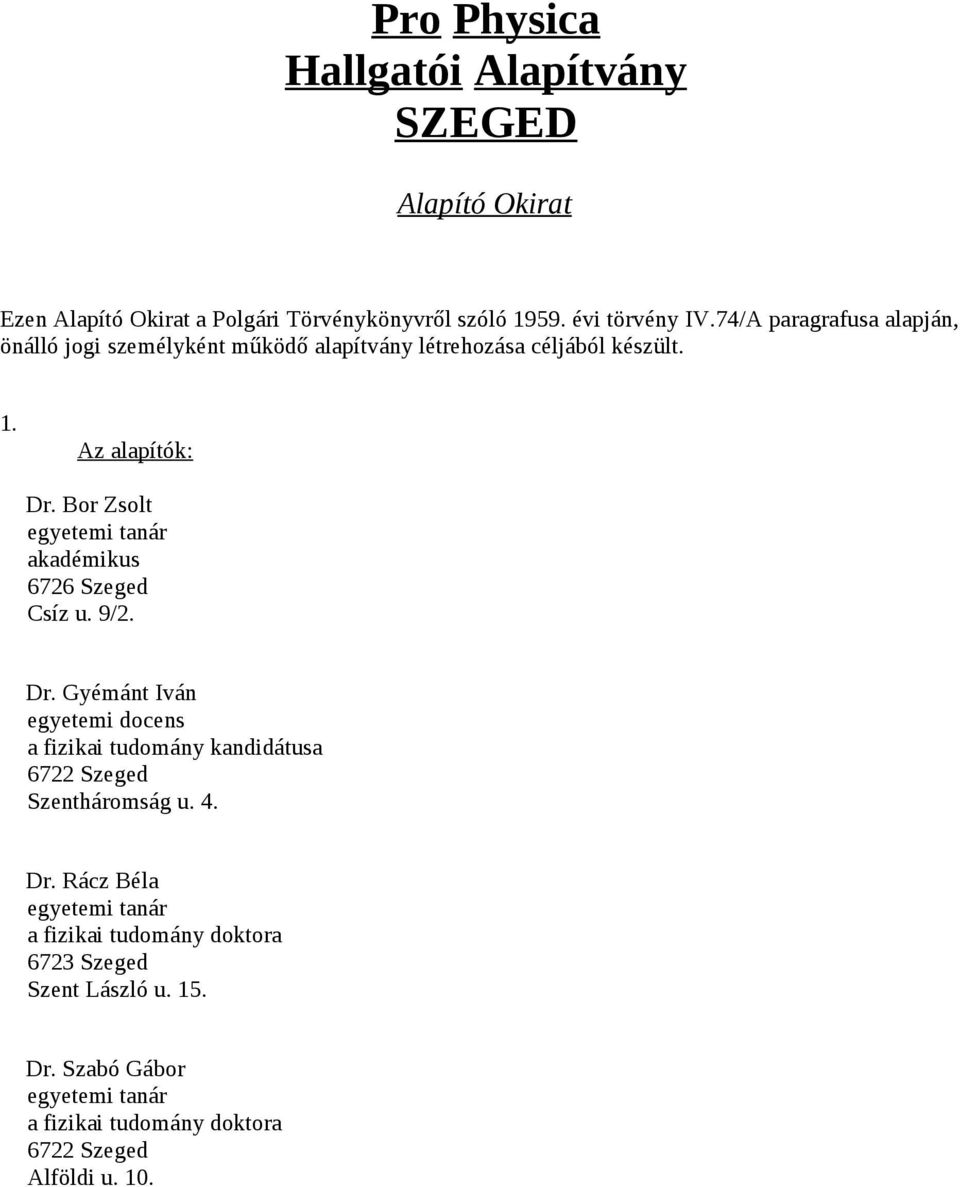 1. Az alapítók: Dr. Bor Zsolt akadémikus 6726 Szeged Csíz u. 9/2. Dr. Gyémánt Iván egyetemi docens a fizikai tudomány kandidátusa Szentháromság u.