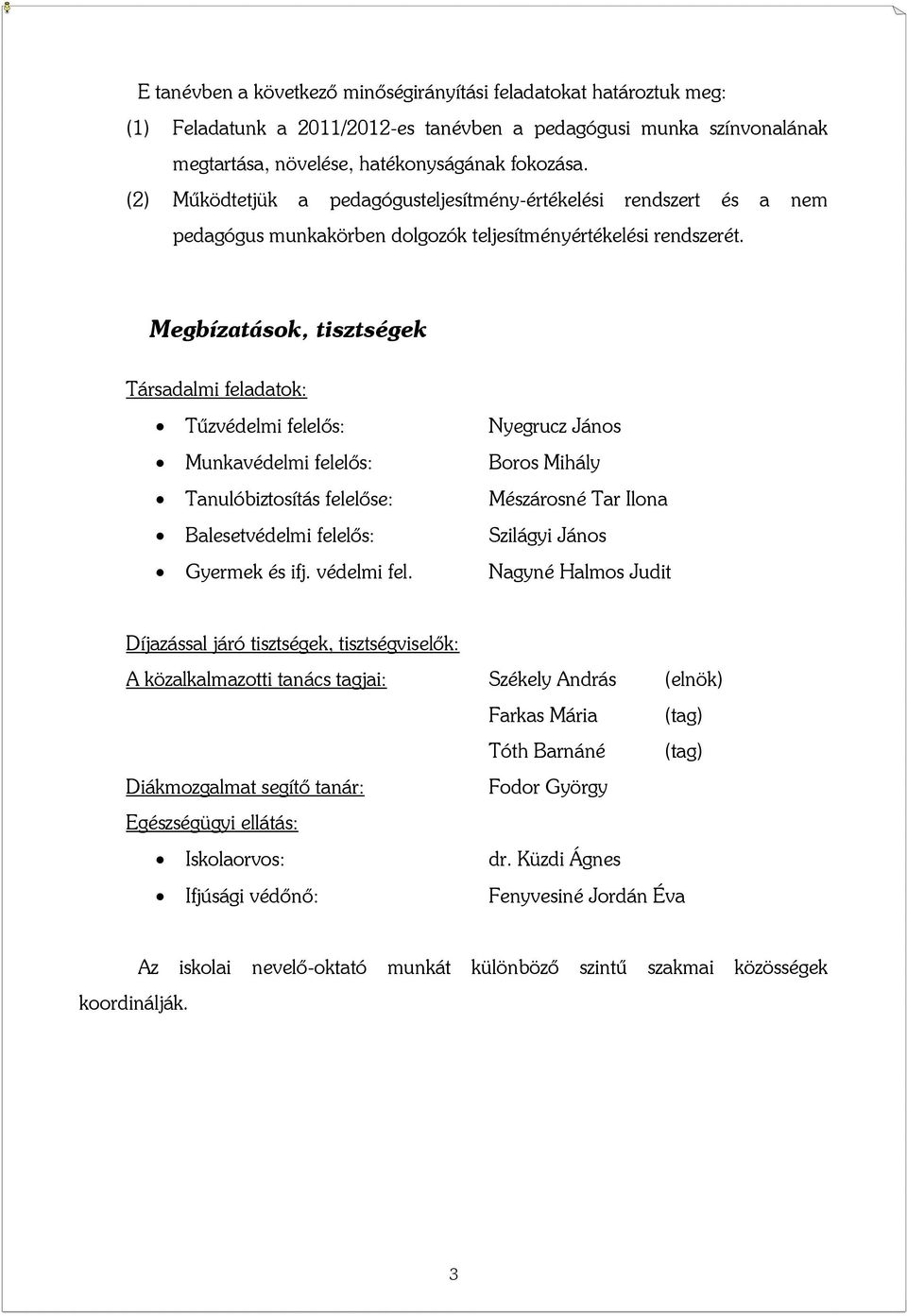Megbízatások, tisztségek Társadalmi feladatok: Tűzvédelmi felelős: Nyegrucz János Munkavédelmi felelős: Boros Mihály Tanulóbiztosítás felelőse: Mészárosné Tar Ilona Balesetvédelmi felelős: Szilágyi