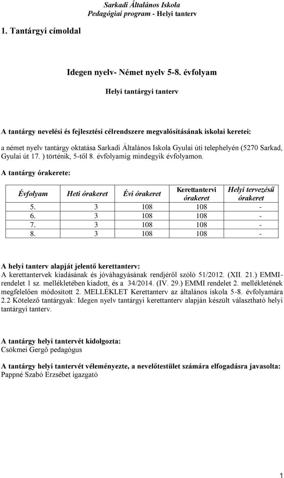 (5270 Sarkad, Gyulai út 17. ) történik, 5-től 8. évfolyamig mindegyik évfolyamon. A tantárgy órakerete: Évfolyam Heti órakeret Évi órakeret Kerettantervi Helyi tervezésű órakeret órakeret 5.