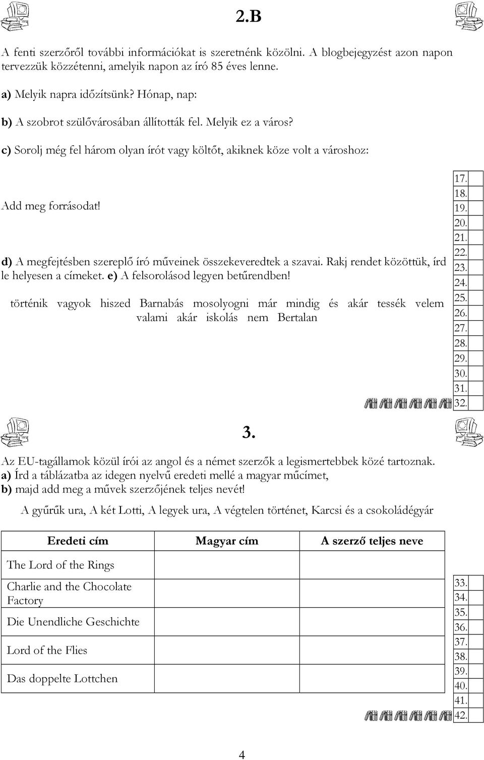 d) A megfejtésben szereplı író mőveinek összekeveredtek a szavai. Rakj rendet közöttük, írd le helyesen a címeket. e) A felsorolásod legyen betőrendben!