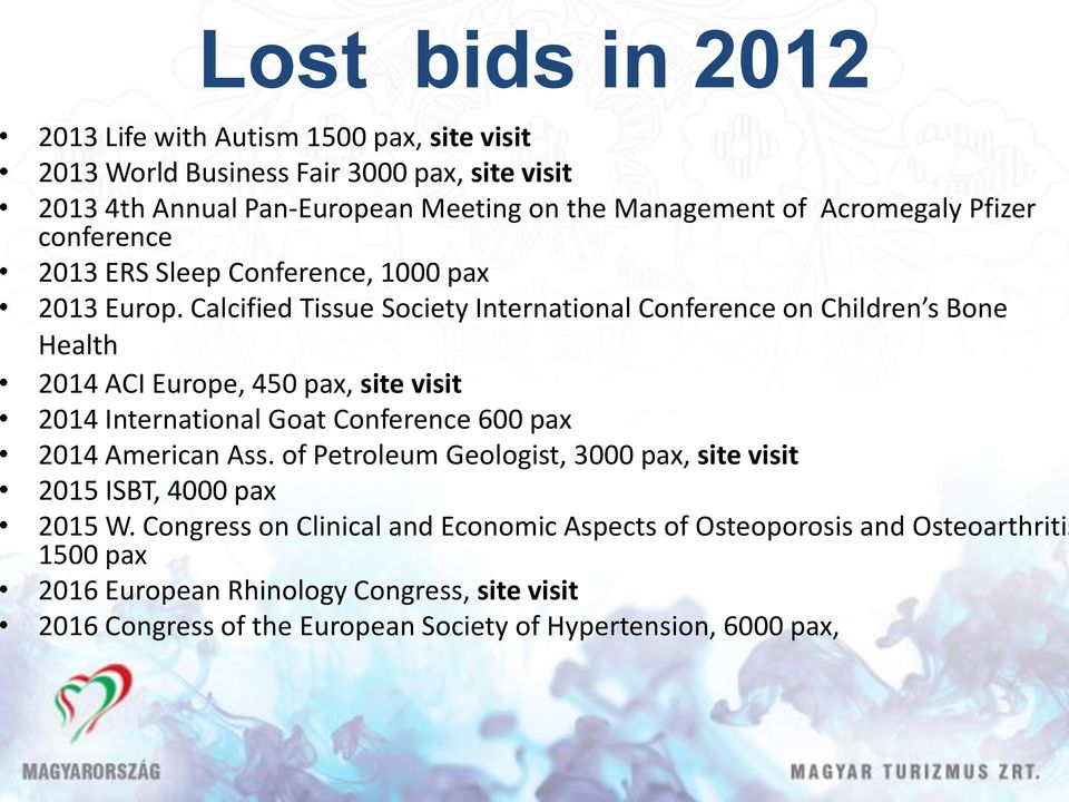 Calcified Tissue Society International Conference on Children s Bone Health 2014 ACI Europe, 450 pax, site visit 2014 International Goat Conference 600 pax 2014 American