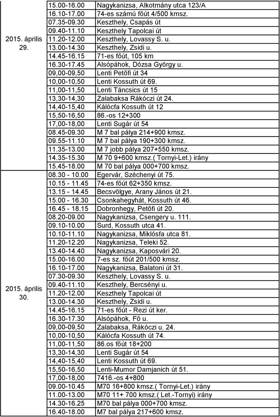 11,00-11,50 Lenti Táncsics út 15 15,50-16,50 86.-os 12+300 08.30-10.00 Egervár, Széchenyi út 75. 10.15-11.45 74-es főút 62+350 kmsz. 13.15-14.45 Becsvölgye, Arany János út 21. 15.00-16.