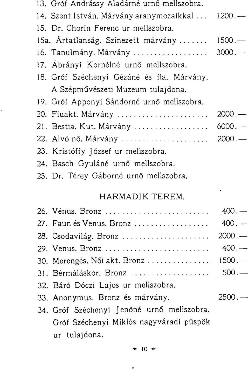 Bestia. Kut. Márvány 6000 22. Alvó nő. Márvány 2000 23. Kristóffy József ur mellszobra. 24. Basch Gyuláné urnő mellszobra. 25. Dr. Térey Gáborné urnő mellszobra. HARMADIK TEREM. 26. Vénus.